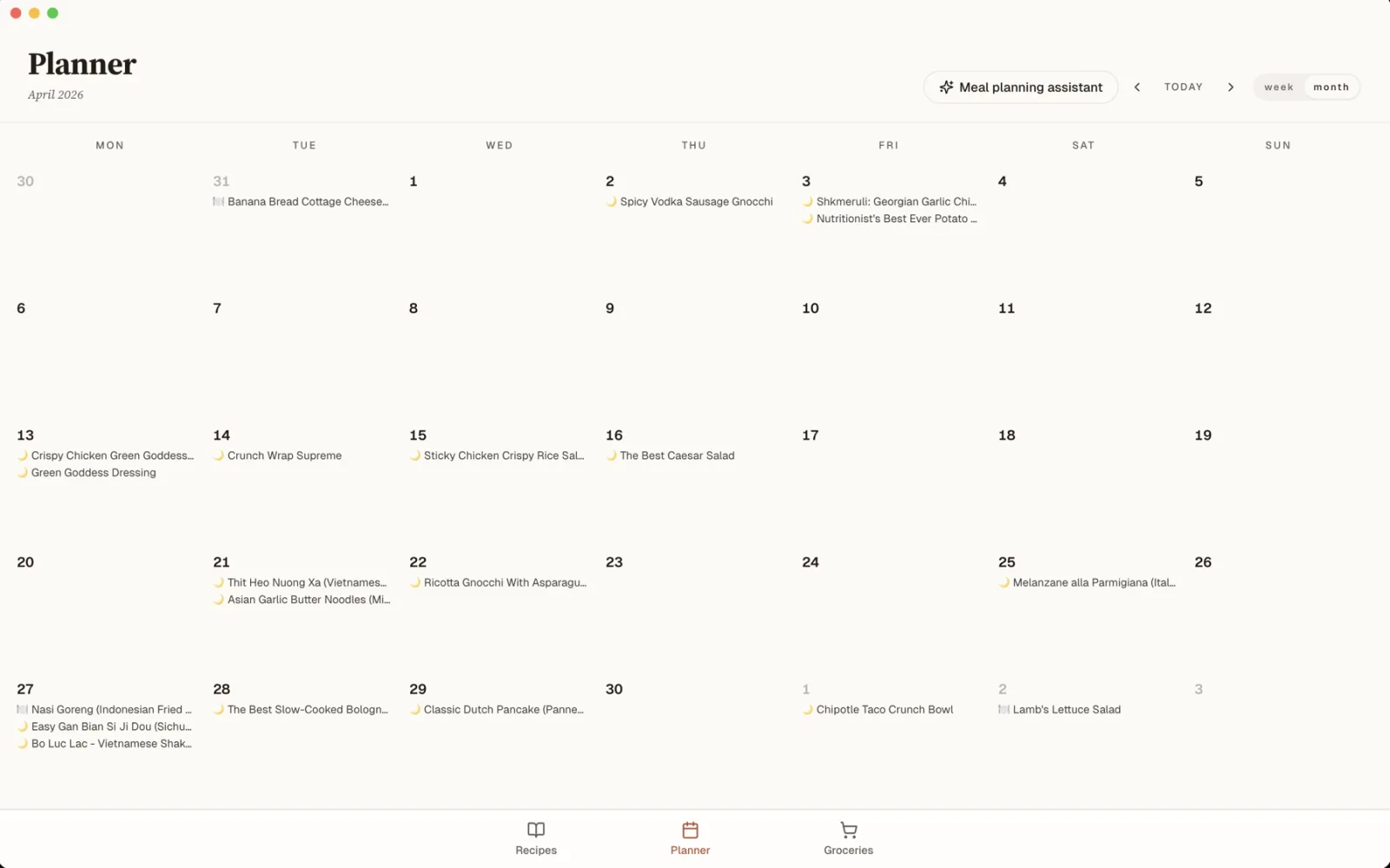 Dinnr meal planner showing a month-view calendar with recipes scheduled across the week.