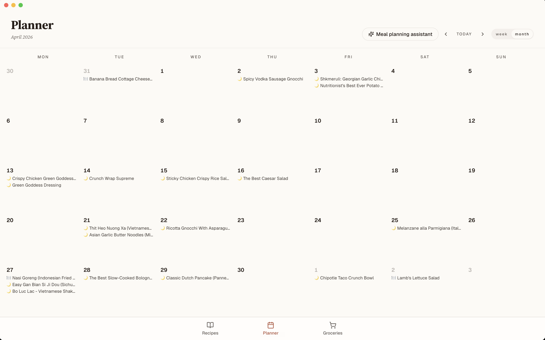 Dinnr meal planner showing a month-view calendar with recipes scheduled across the week.