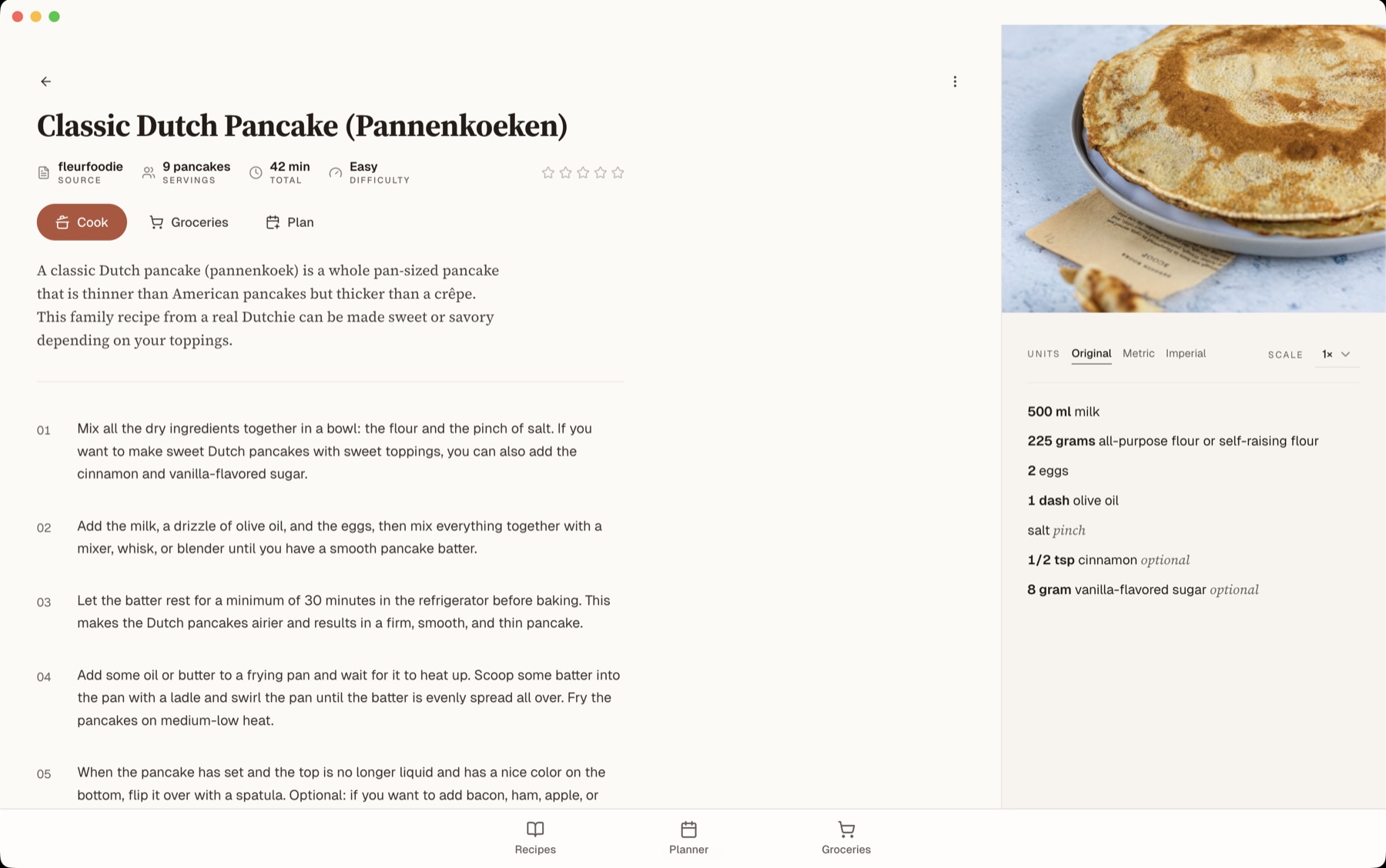 Dinnr recipe detail page for a Classic Dutch Pancake — a saved recipe with title, source, scaled servings, ingredient list, step-by-step instructions, and a photograph.
