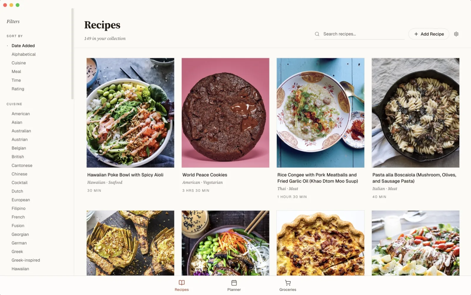 Dinnr on Mac showing a browsable library of saved recipes, including Hawaiian poke bowl, World Peace cookies, rice congee, and pasta alla boscaiola.