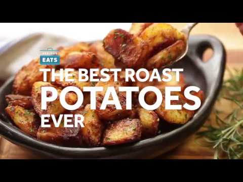 A pan filled with crisp, golden roast potatoes.